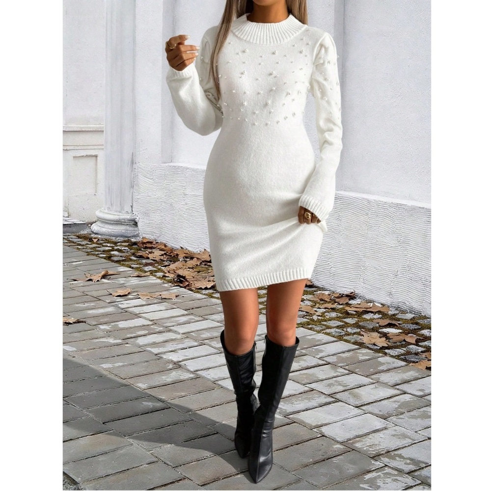 White Sweater Short Mini Dress Faux Pearl Embellished Long Sleeve - Picture 9 of 11